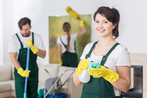professional cleaning team, two females and a male cleaning in a home