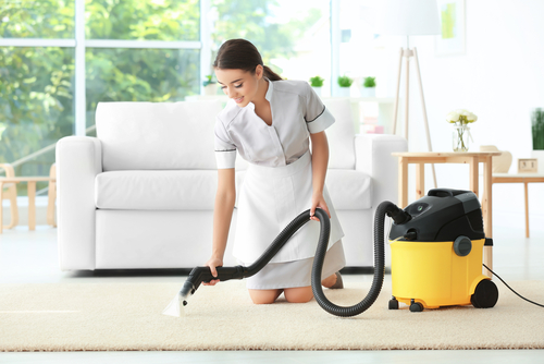 cleaning woman with apron professionally cleaning carpet in modern home